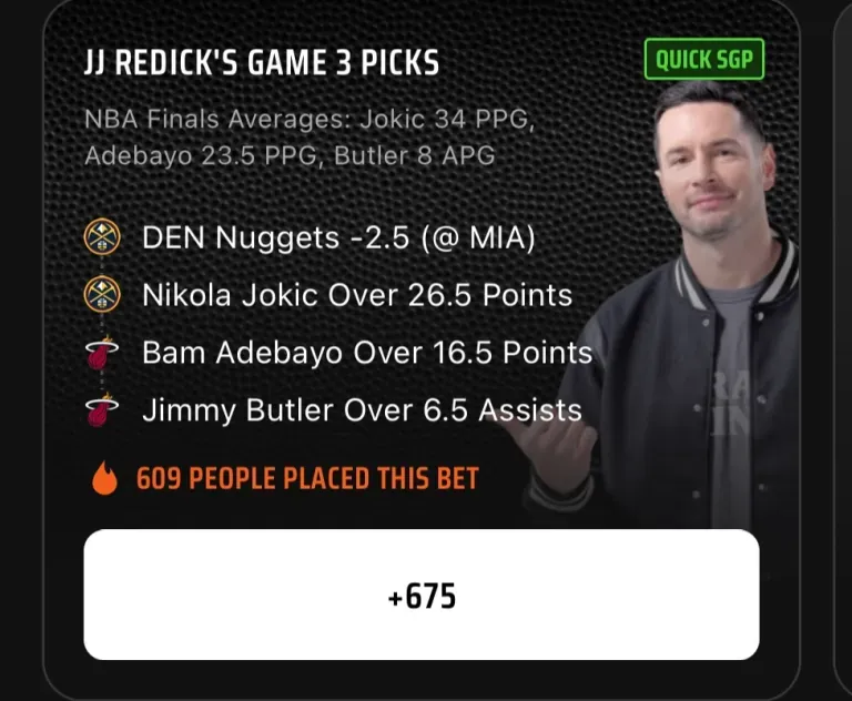 JJ Redick's Game 3 picks shown inside the DraftKings app