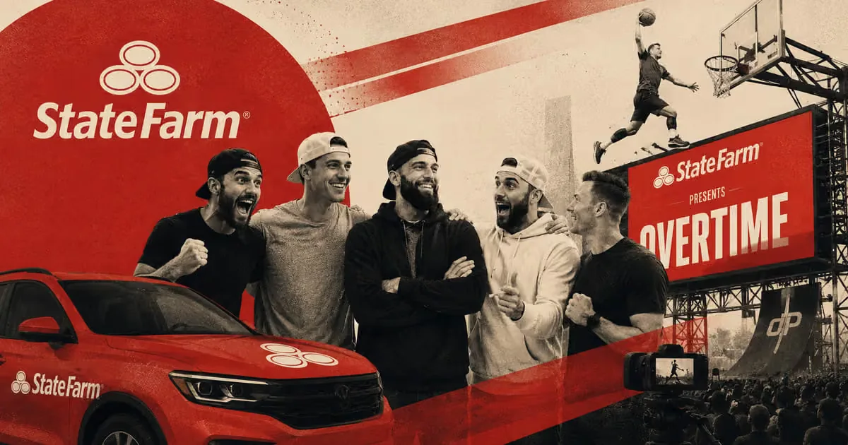 The Dude Perfect crew with State Farm branding and an Overtime presented by State Farm sign