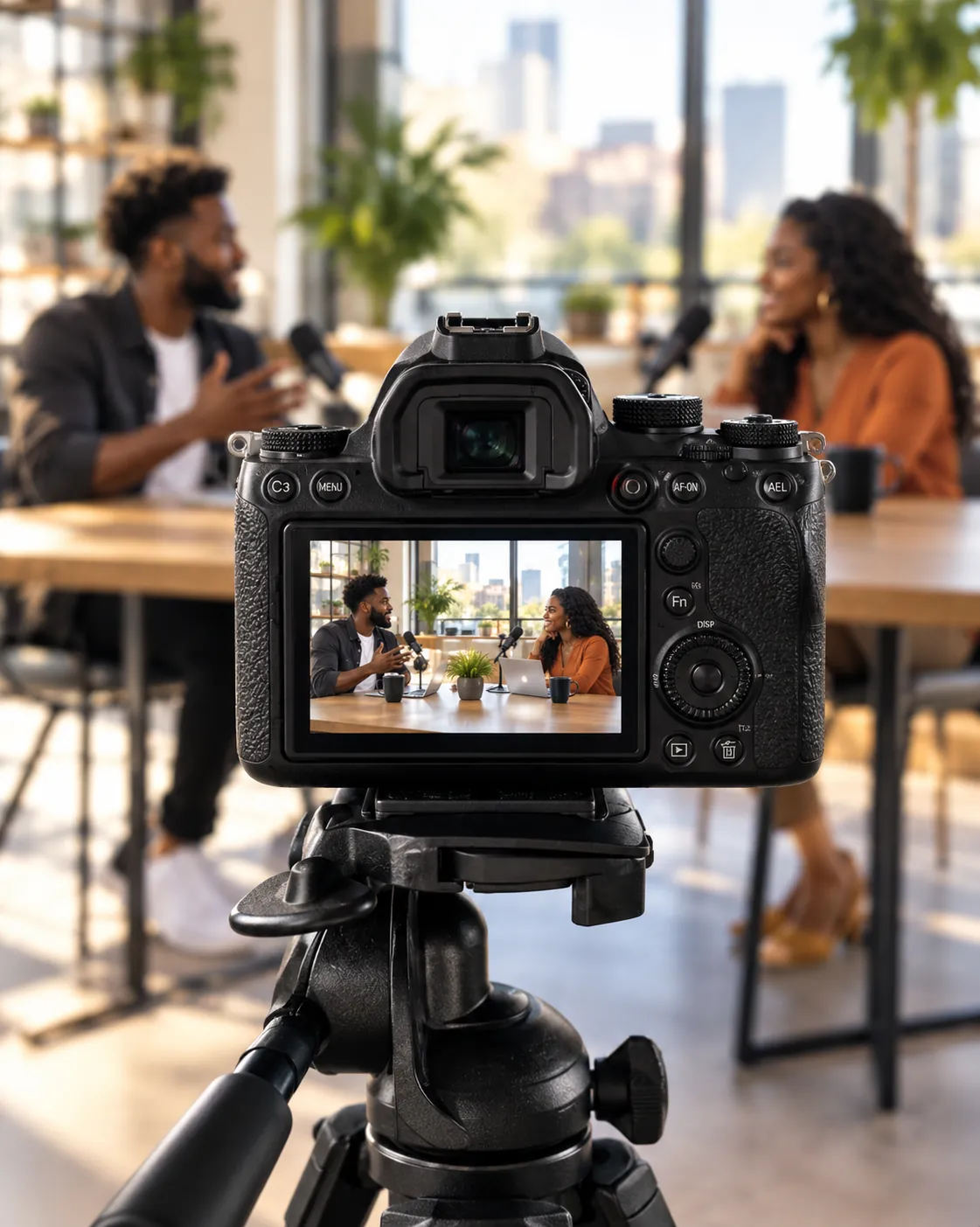 A camera on a tripod recording two people talking at a table in a sunlit studio