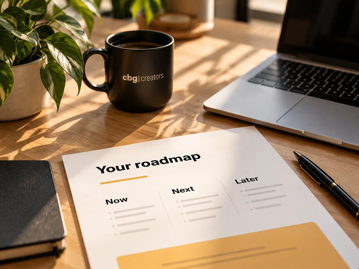 A printed Now, Next, Later roadmap on a desk beside a CBG Creators mug and a laptop